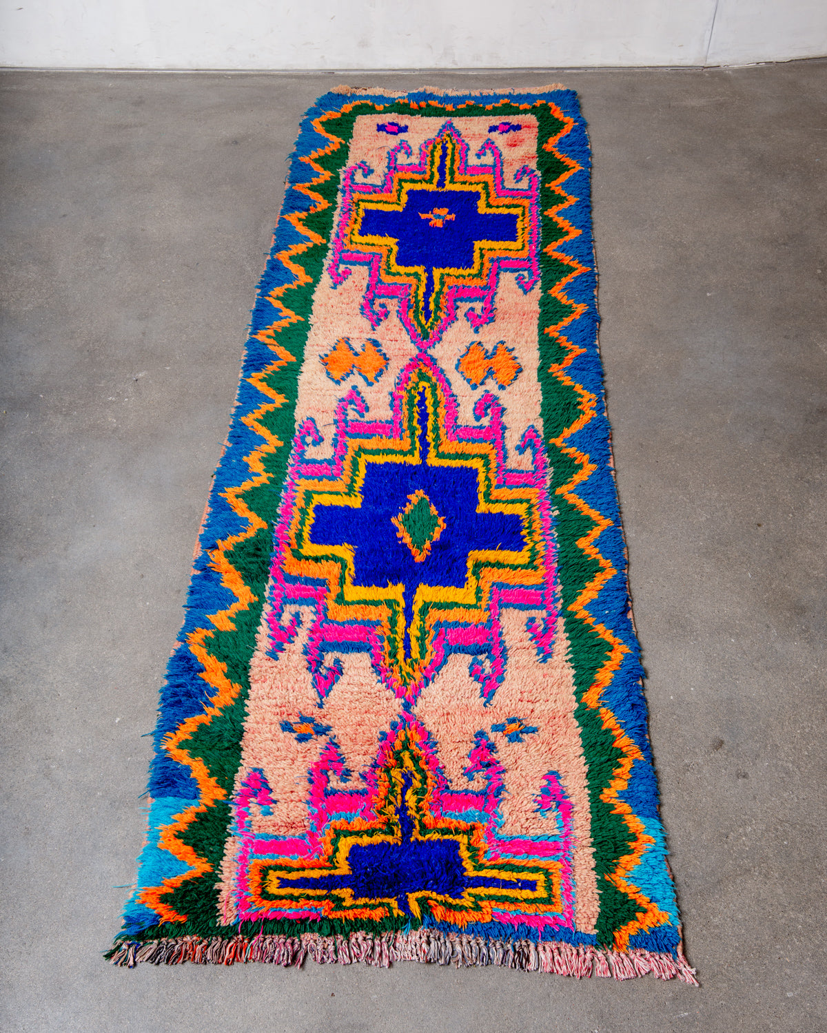 Modern, designer, handcrafted Berber runner rug from Morocco. Vintage carpet with beautiful colours and patterns and fluffy texture.